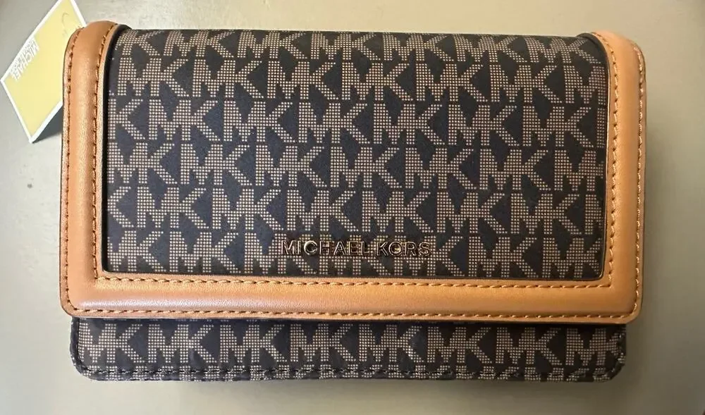 Michael Kors Signature Logo & Acorn Leather Flap Bifold Wallet Brown NWT